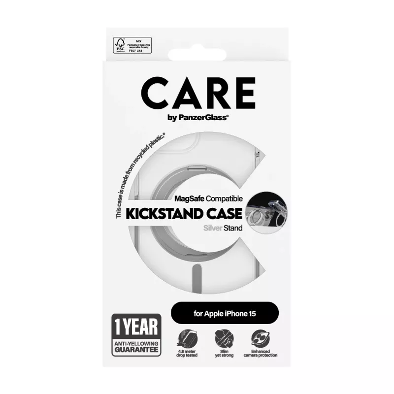 PanzerGlass CARE™ by ® Case Transparent w. Silver Kickstand & MagSafe iPhone 15