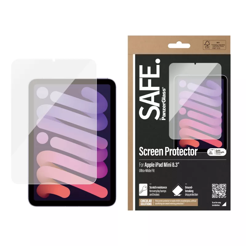 PanzerGlass SAFE. by ® Screen Protector iPad Mini 8.3'' (2021, 2024) | Ultra-Wide Fit | Bulk