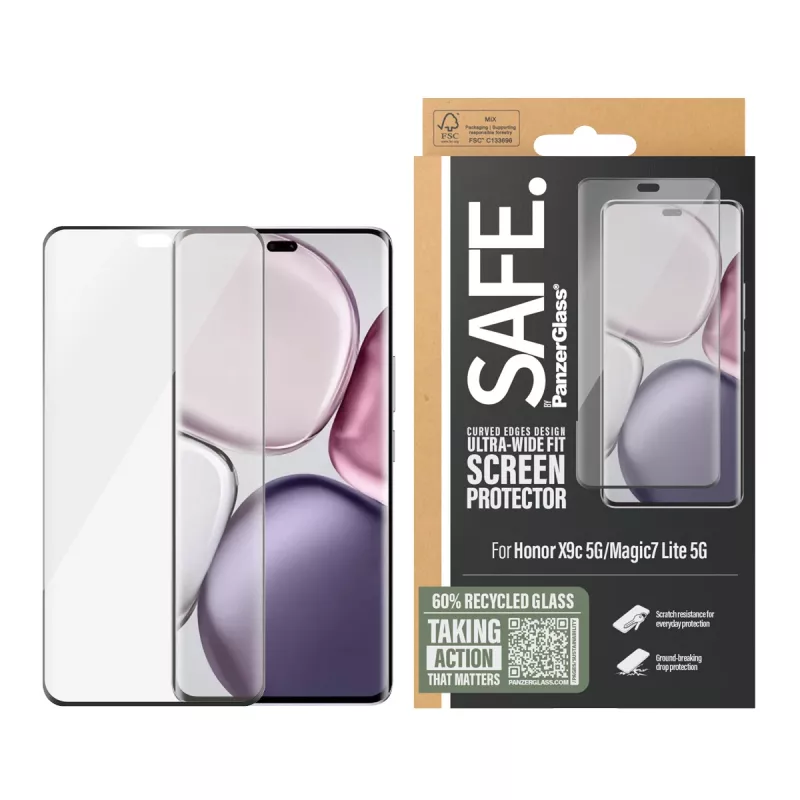 PanzerGlass SAFE. by ® Screen Protector w. Black Frame Honor X9c 5G | Magic7 Lite 5G | Ultra-Wide Fit