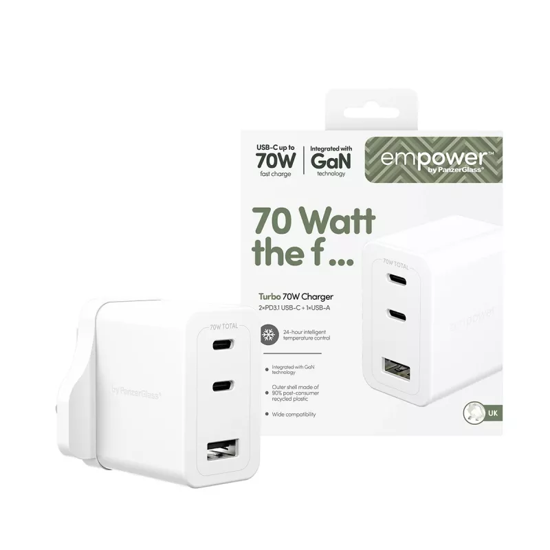 PanzerGlass empower™ by ® Turbo 70W Multiple Charger incl. 2 x USB-C + USB-A | UK Plug | Silver White