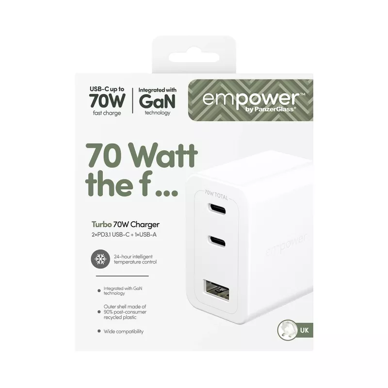 PanzerGlass empower™ by ® Turbo 70W Multiple Charger incl. 2 x USB-C + USB-A | UK Plug | Silver White