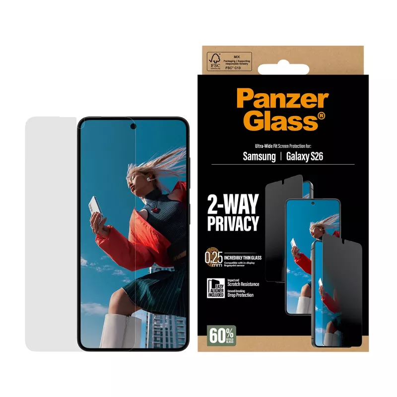 PanzerGlass 2-Way Privacy Screen Protector for Samsung Galaxy S26 — Ultra-Wide Fit, PET + Silicone, Scratch & Shock Resistant