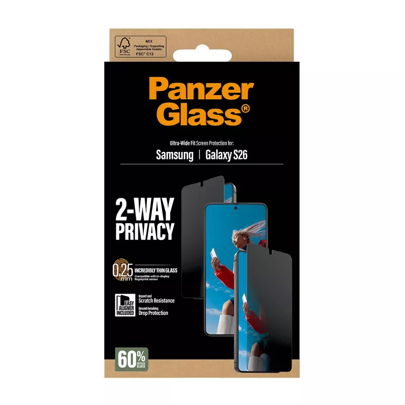 PanzerGlass 2-Way Privacy Screen Protector for Samsung Galaxy S26 — Ultra-Wide Fit, PET + Silicone, Scratch & Shock Resistant