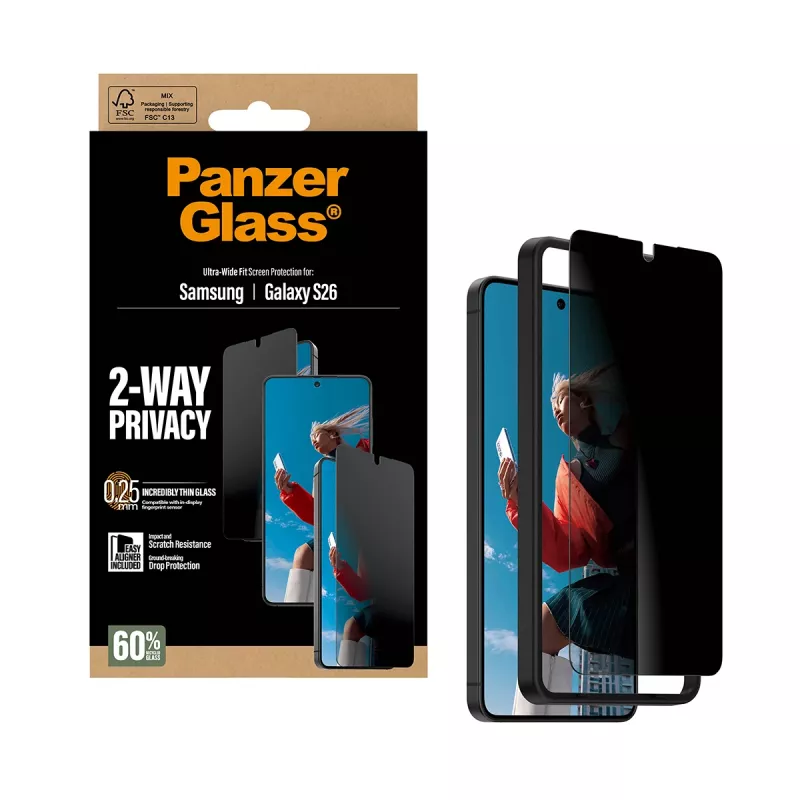 PanzerGlass 2-Way Privacy Screen Protector for Samsung Galaxy S26 — Ultra-Wide Fit, PET + Silicone, Scratch & Shock Resistant