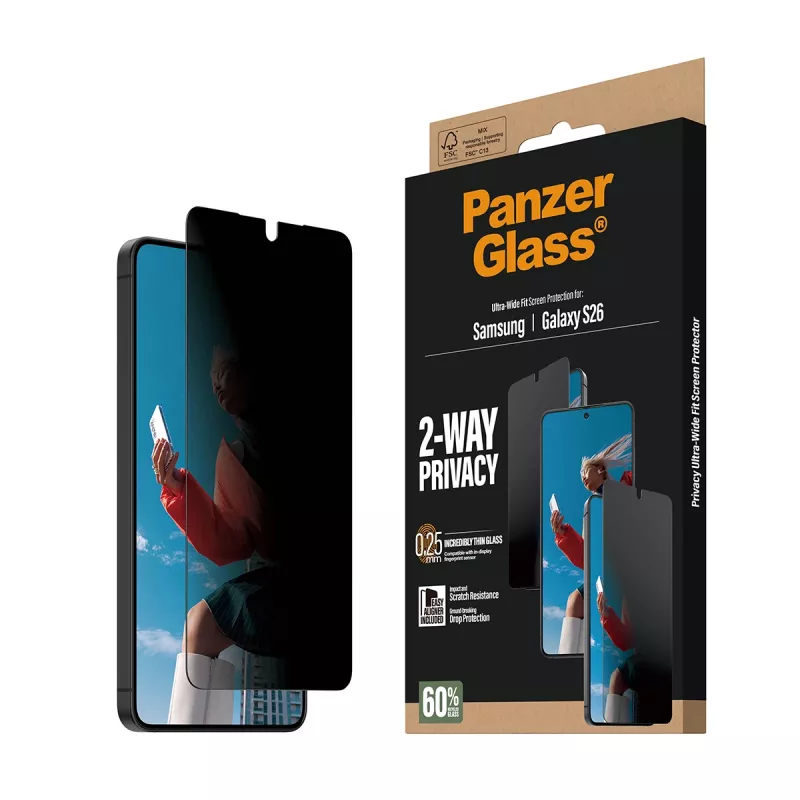 PanzerGlass 2-Way Privacy Screen Protector for Samsung Galaxy S26 — Ultra-Wide Fit, PET + Silicone, Scratch & Shock Resistant