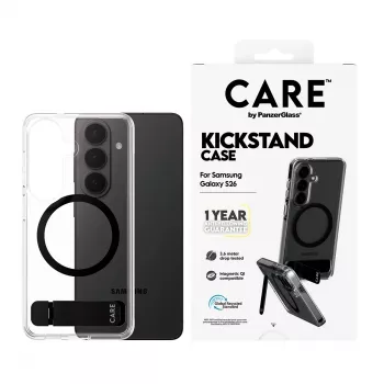 Protective cover PanzerGlass CARE™ Urban Explorer Case for Samsung Galaxy S26, transparent with black kickstand and Qi support