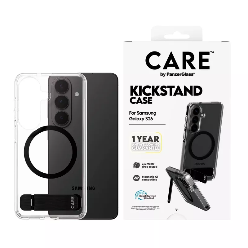 Protective cover PanzerGlass CARE™ Urban Explorer Case for Samsung Galaxy S26, transparent with black kickstand and Qi support
