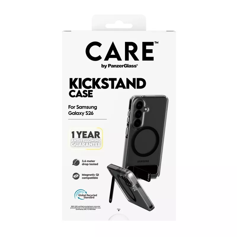 Protective cover PanzerGlass CARE™ Urban Explorer Case for Samsung Galaxy S26, transparent with black kickstand and Qi support