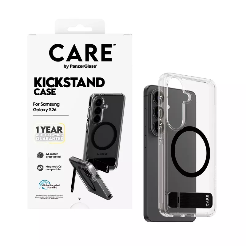 Protective cover PanzerGlass CARE™ Urban Explorer Case for Samsung Galaxy S26, transparent with black kickstand and Qi support