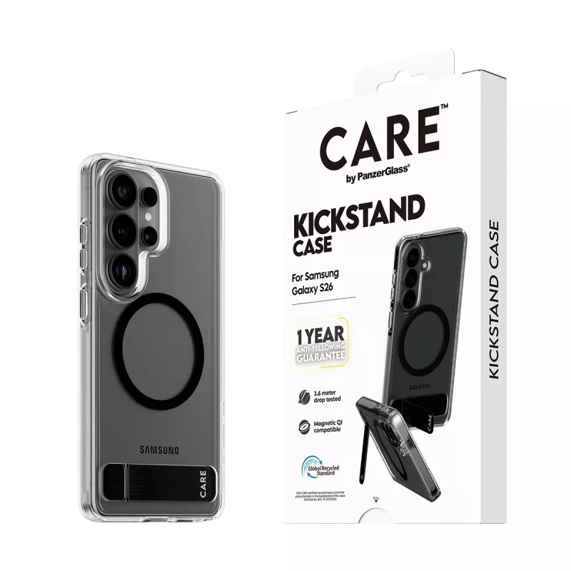 Protective cover PanzerGlass CARE™ Urban Explorer Case for Samsung Galaxy S26, transparent with black kickstand and Qi support