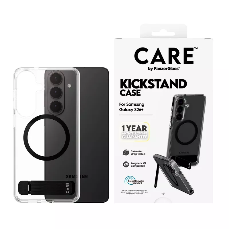 PanzerGlass CARE™ by ® Case Transparent w. Black Kickstand & Qi Samsung Galaxy S26+