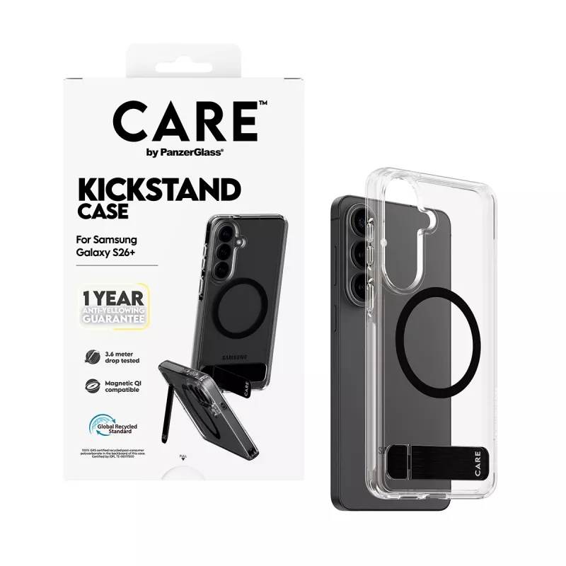 PanzerGlass CARE™ by ® Case Transparent w. Black Kickstand & Qi Samsung Galaxy S26+