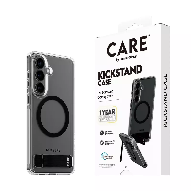 PanzerGlass CARE™ by ® Case Transparent w. Black Kickstand & Qi Samsung Galaxy S26+