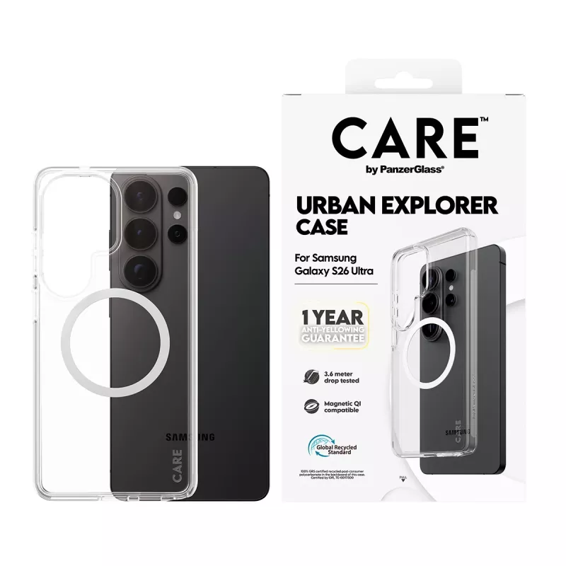 Phone case PanzerGlass CARE™ by Urban Explorer — Transparent cover with White Qi for Samsung Galaxy S26 Ultra