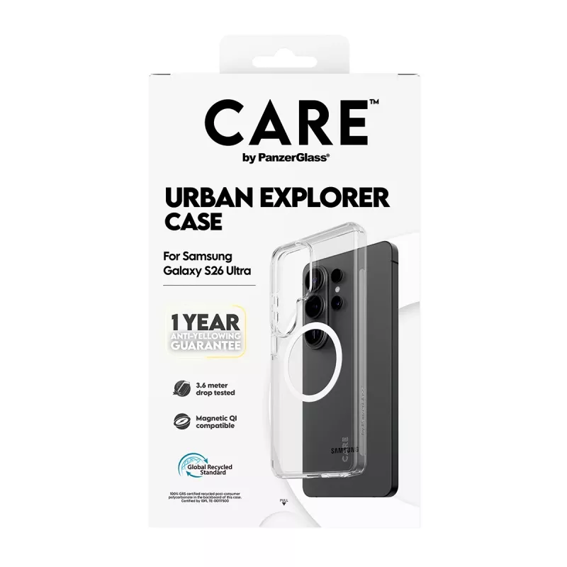 Phone case PanzerGlass CARE™ by Urban Explorer — Transparent cover with White Qi for Samsung Galaxy S26 Ultra