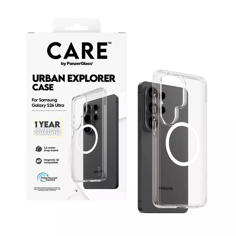 Phone case PanzerGlass CARE™ by Urban Explorer — Transparent cover with White Qi for Samsung Galaxy S26 Ultra