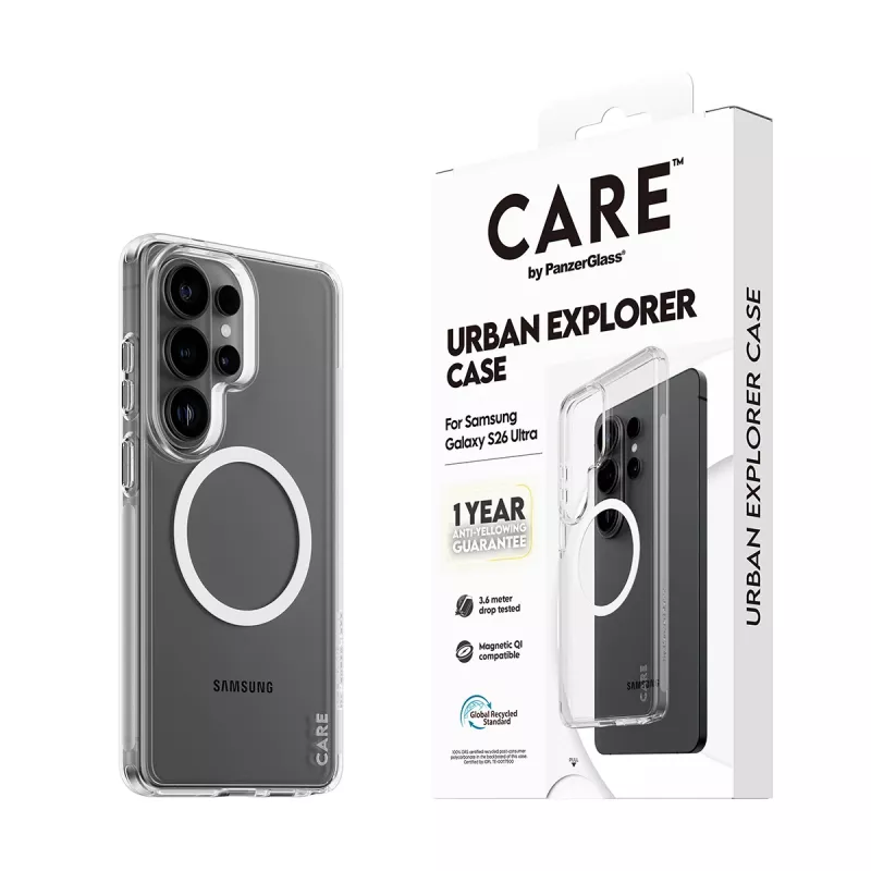 Phone case PanzerGlass CARE™ by Urban Explorer — Transparent cover with White Qi for Samsung Galaxy S26 Ultra