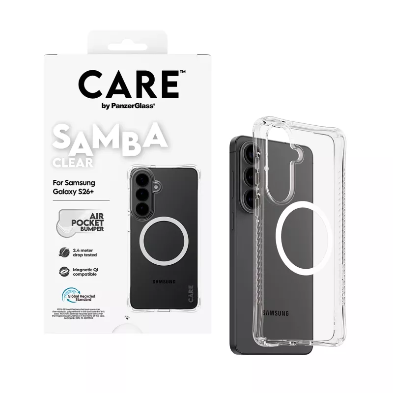 PanzerGlass CARE™ by ® Samba Case Transparent w. White Qi Samsung Galaxy S26+