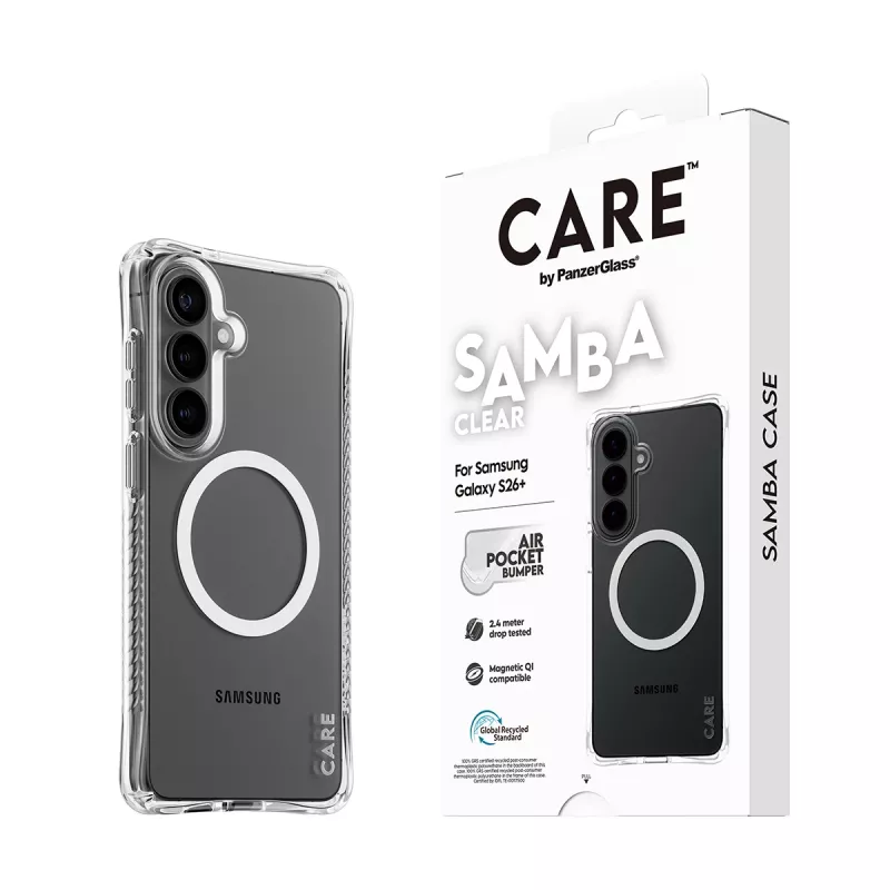 PanzerGlass CARE™ by ® Samba Case Transparent w. White Qi Samsung Galaxy S26+