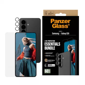 PanzerGlass screen protector bundle for Samsung Galaxy S26 — Hoops 2-in-1 Ultra-Wide Fit, tempered glass + PET/silicone layers
