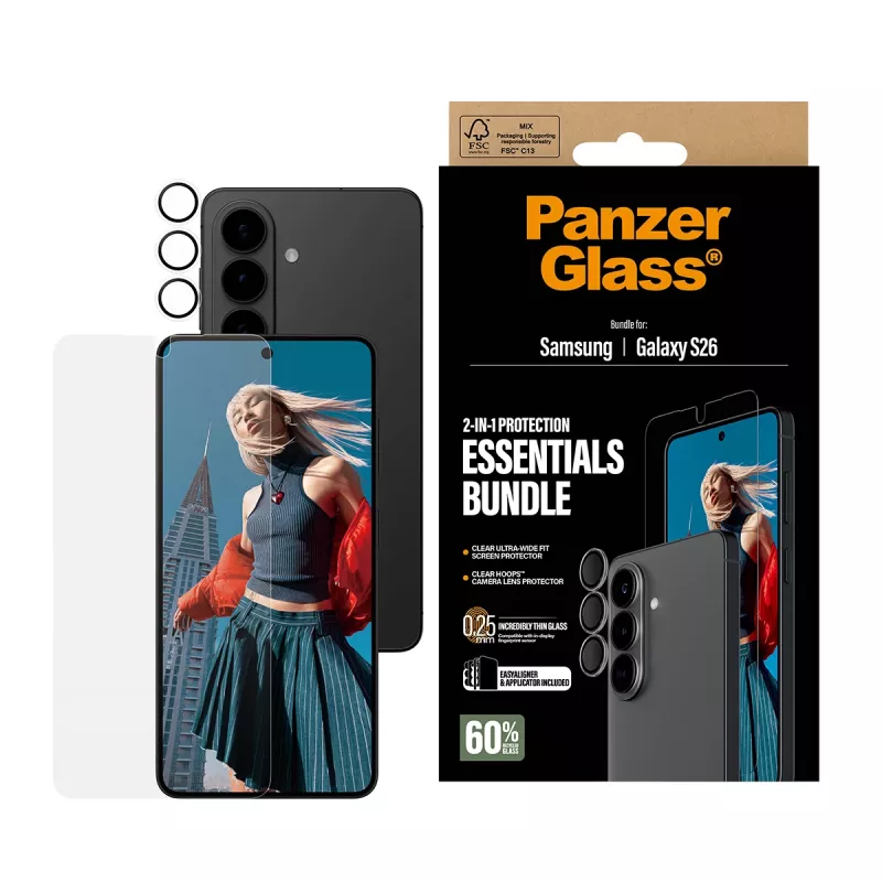 PanzerGlass screen protector bundle for Samsung Galaxy S26 — Hoops 2-in-1 Ultra-Wide Fit, tempered glass + PET/silicone layers