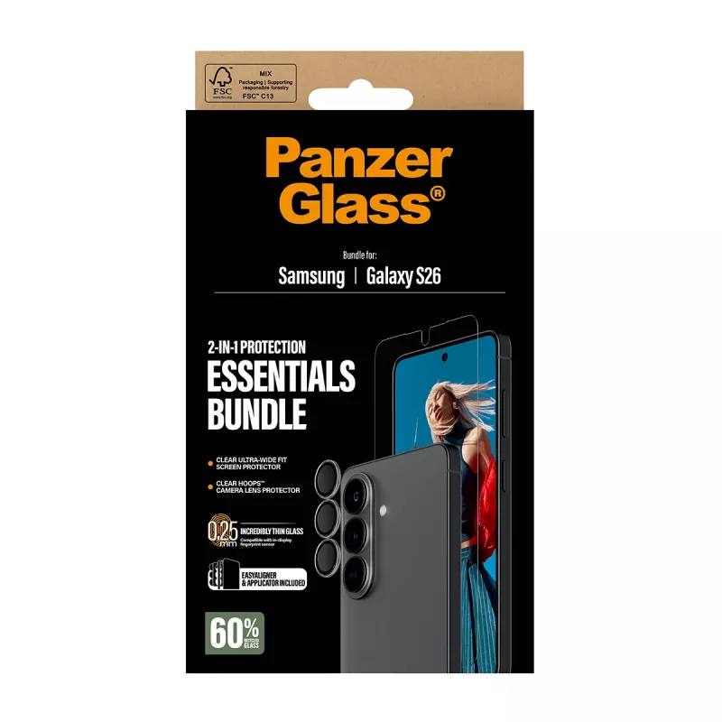 PanzerGlass screen protector bundle for Samsung Galaxy S26 — Hoops 2-in-1 Ultra-Wide Fit, tempered glass + PET/silicone layers