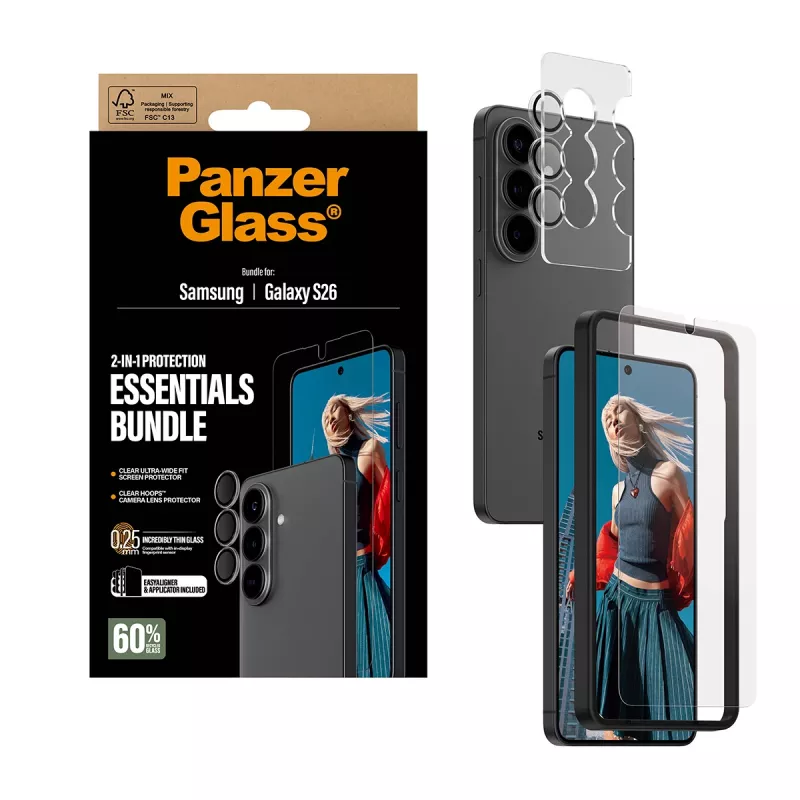 PanzerGlass screen protector bundle for Samsung Galaxy S26 — Hoops 2-in-1 Ultra-Wide Fit, tempered glass + PET/silicone layers