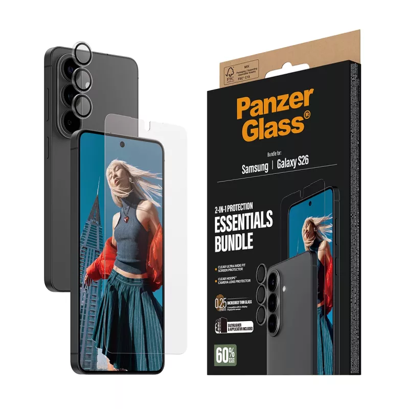 PanzerGlass screen protector bundle for Samsung Galaxy S26 — Hoops 2-in-1 Ultra-Wide Fit, tempered glass + PET/silicone layers