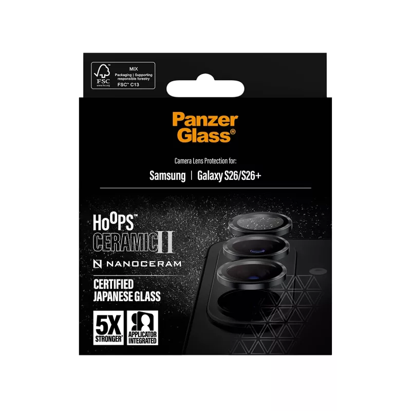Camera Lens Protector PanzerGlass Hoops Ceramic II for Samsung Galaxy S26 / S26+, tempered glass, silicone, transparent