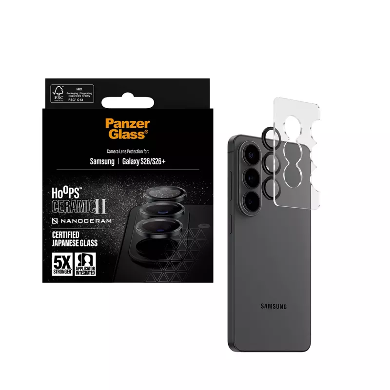 Camera Lens Protector PanzerGlass Hoops Ceramic II for Samsung Galaxy S26 / S26+, tempered glass, silicone, transparent