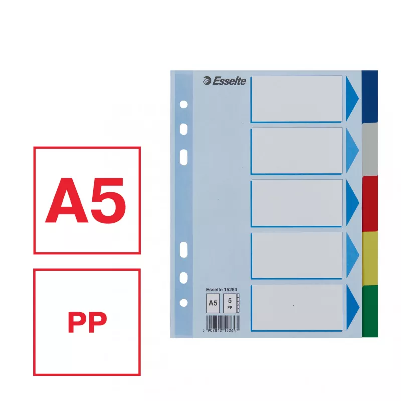 Divider tabs ESSELTE 5-part A5 polypropylene colored, for filing and indexing