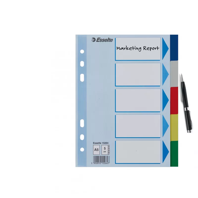 Divider tabs ESSELTE 5-part A5 polypropylene colored, for filing and indexing