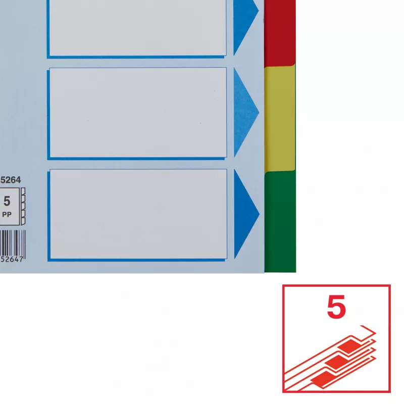 Divider tabs ESSELTE 5-part A5 polypropylene colored, for filing and indexing