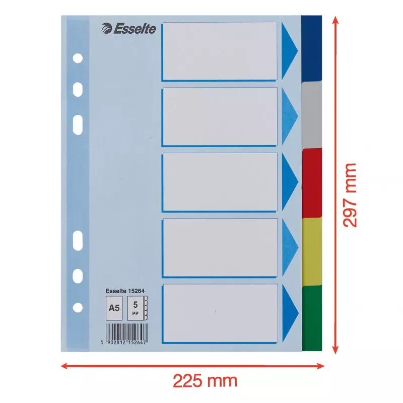 Divider tabs ESSELTE 5-part A5 polypropylene colored, for filing and indexing