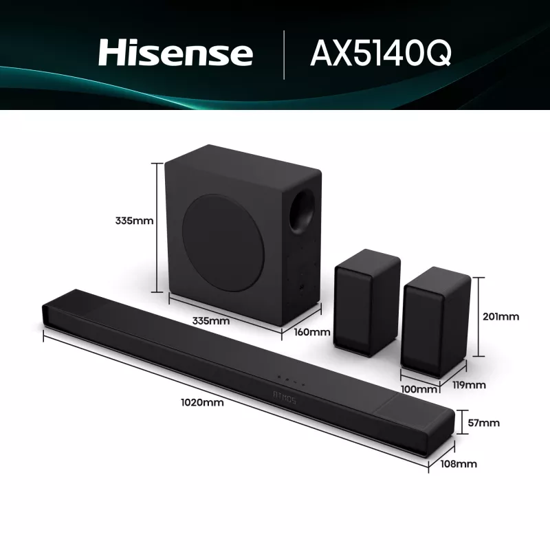 Soundbar Hisense AX5140Q 5.1.4 Dolby Atmos, 600 W RMS, wireless subwoofer 280 W, black
