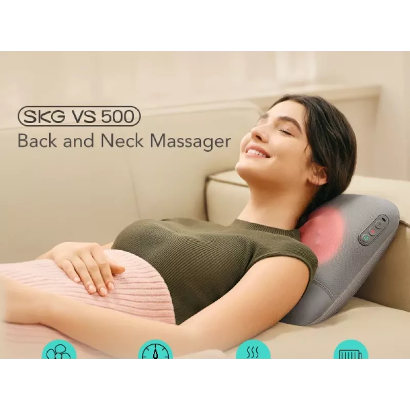 SKG VS500 Massage Pillow — Kneading Massage, Battery-Powered 10W, Built-in Battery, Grey