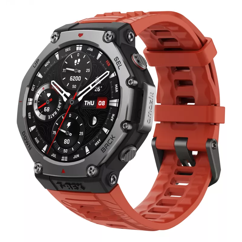 Amazfit T-Rex 3 Lava 3.81 cm (1.5 inch) AMOLED 48.5 mm Digital 480 x 480 pixels Touchscreen Black, Stainless steel GPS (satellite)