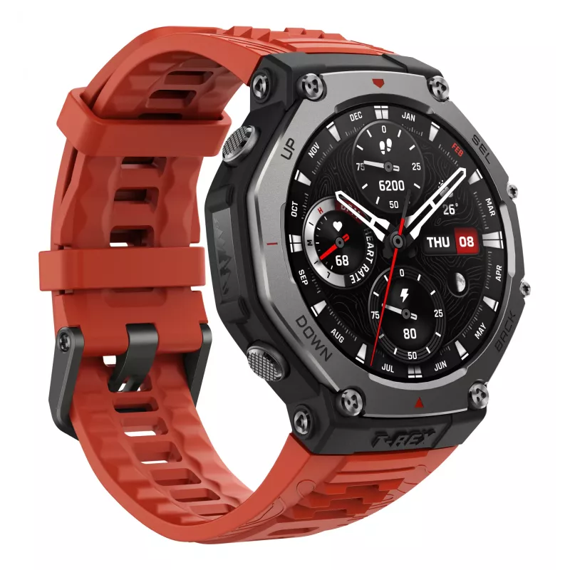 Amazfit T-Rex 3 Lava 3.81 cm (1.5 inch) AMOLED 48.5 mm Digital 480 x 480 pixels Touchscreen Black, Stainless steel GPS (satellite)