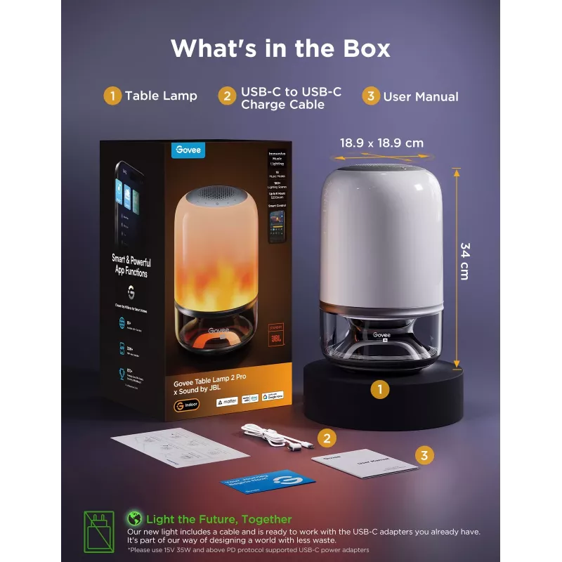 Table Lamp Govee H6020 Table Lamp 2 Pro Sound by JBL — RGBIC + Warm White, 600 lm, Wi‑Fi & Bluetooth, 5200 mAh