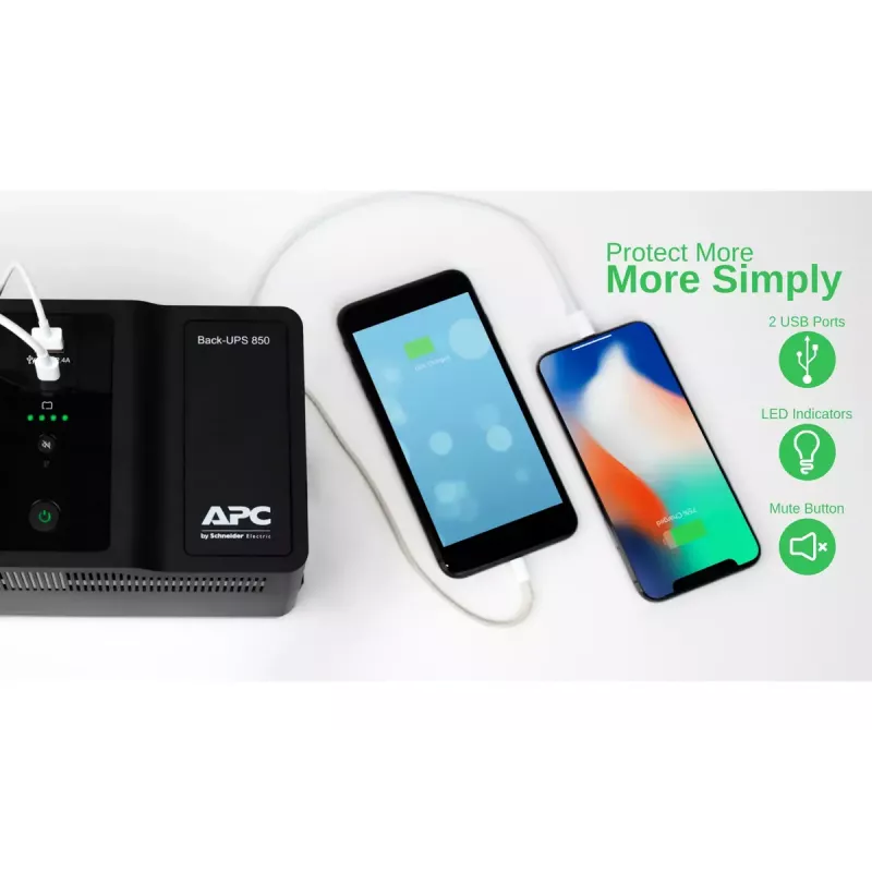 APC Back-UPS BE850G2-UK - 8x BS 1363 outlets, 850VA, 2 USB chargers, 1 USB data port