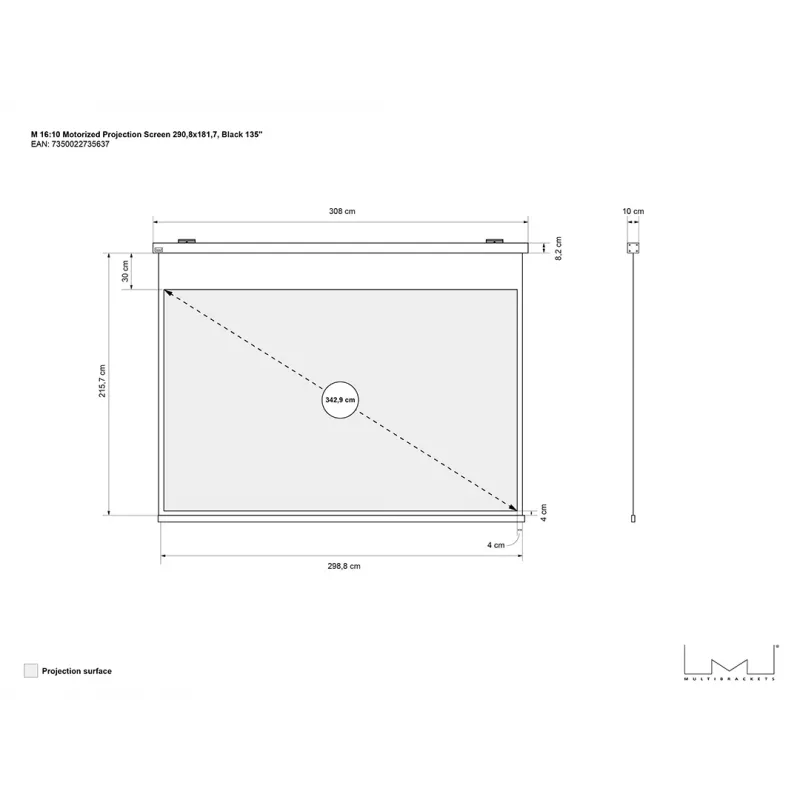 Motorized projection screen MULTIBRACKETS M 16:10 135 inch — matte white surface, viewable width 2.91 m, motorized drive