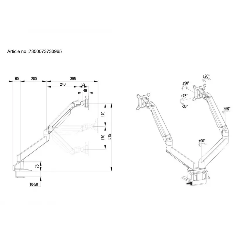 Multibrackets M VESA Gas Lift Arm Dual Side by Side Black Clamp 20 kg 15-32 inch