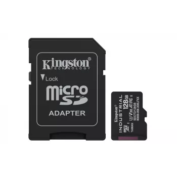 MicroSDXC flash card Kingston 128GB Industrial C10 A1 pSLC UHS-I, 100MB/s read, 80MB/s write, V30/U3, black + SD adapter