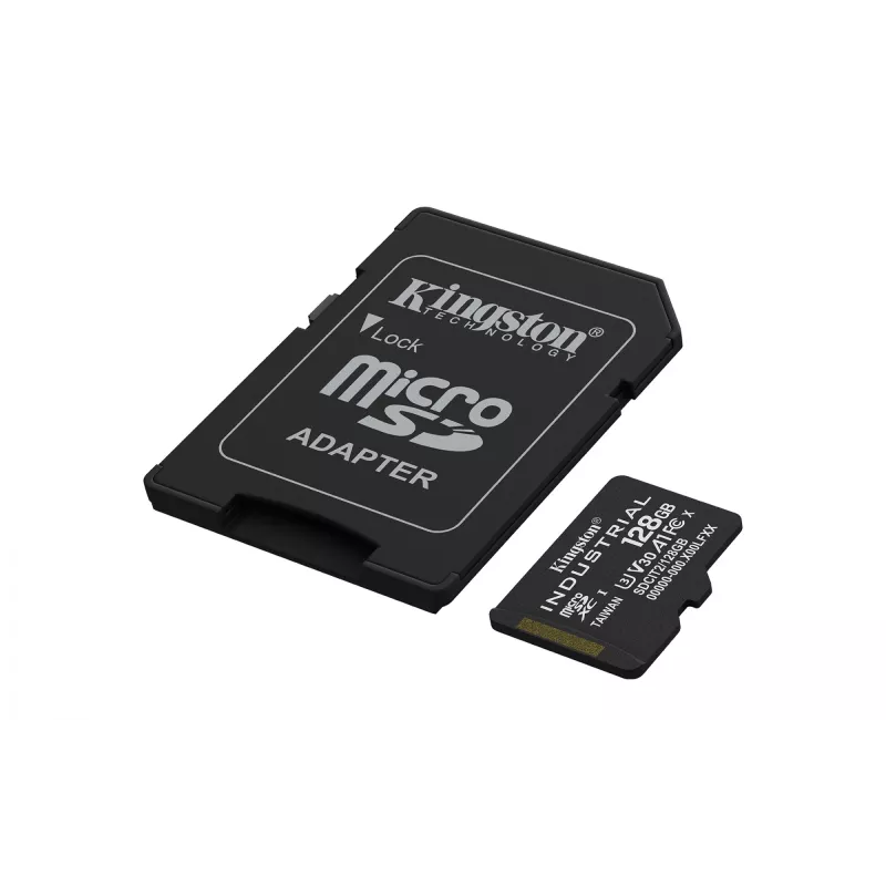 MicroSDXC flash card Kingston 128GB Industrial C10 A1 pSLC UHS-I, 100MB/s read, 80MB/s write, V30/U3, black + SD adapter