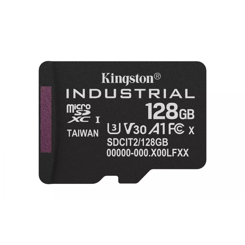 MicroSDXC flash card Kingston 128GB Industrial C10 A1 pSLC UHS-I, 100MB/s read, 80MB/s write, V30/U3, black + SD adapter