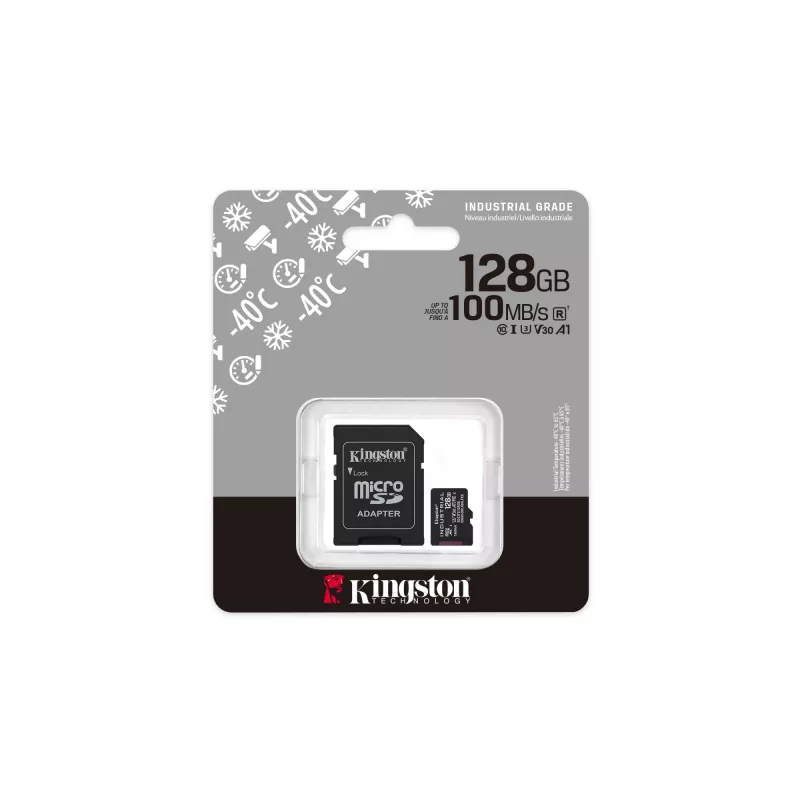 MicroSDXC flash card Kingston 128GB Industrial C10 A1 pSLC UHS-I, 100MB/s read, 80MB/s write, V30/U3, black + SD adapter