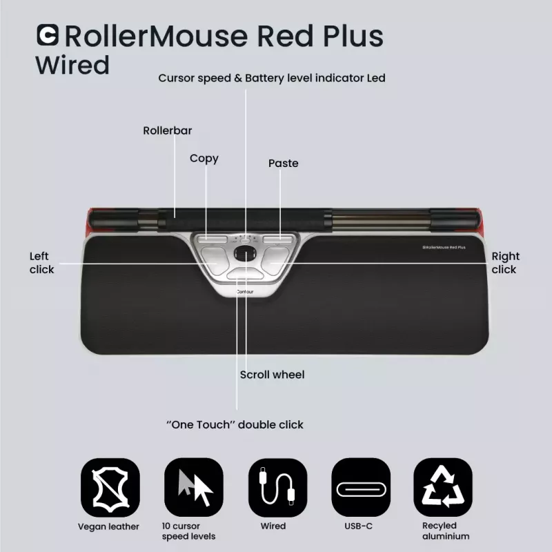 Contour Design RollerMouse Red Plus Wired ergonomic mouse USB-C 2800 DPI