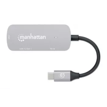 Manhattan USB-C Dock/Hub, Ports (x3): HDMI, USB-A and USB-C, with Power Delivery (PD) 100W- requires external USB-C charger (not included). USB powered (no external power supply required) when PD is not in use, Aluminium