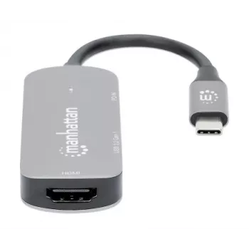 Manhattan USB-C Dock/Hub, Ports (x3): HDMI, USB-A and USB-C, with Power Delivery (PD) 100W- requires external USB-C charger (not included). USB powered (no external power supply required) when PD is not in use, Aluminium