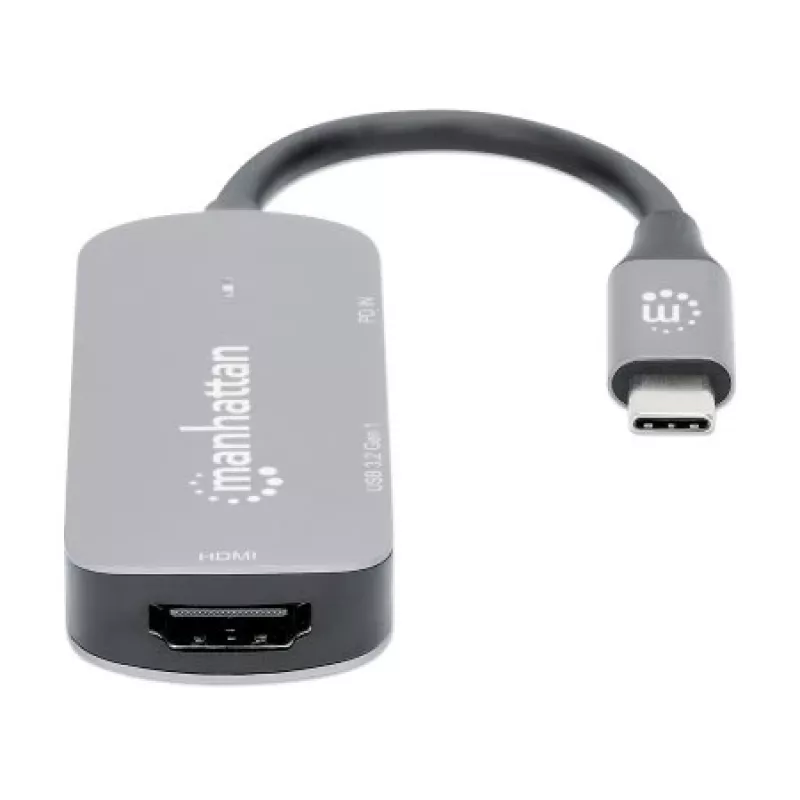 Manhattan USB-C Dock/Hub, Ports (x3): HDMI, USB-A and USB-C, with Power Delivery (PD) 100W- requires external USB-C charger (not included). USB powered (no external power supply required) when PD is not in use, Aluminium
